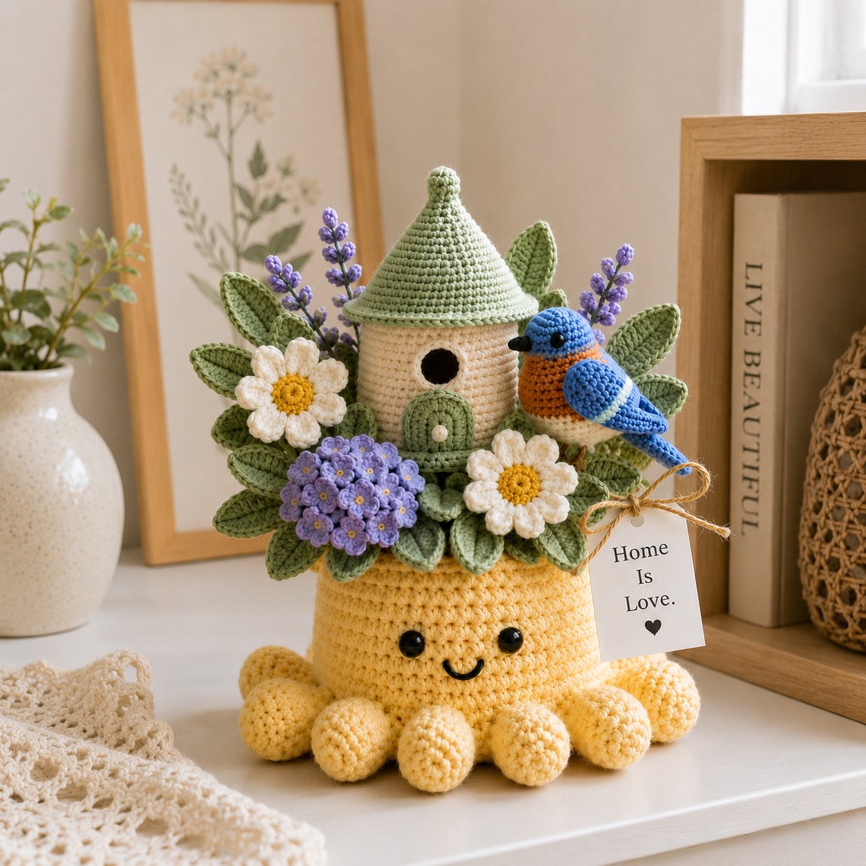 Handmade Crochet Birdhouse Decor with Cute Octopus & Bluebird | Everlasting Potted Ornament