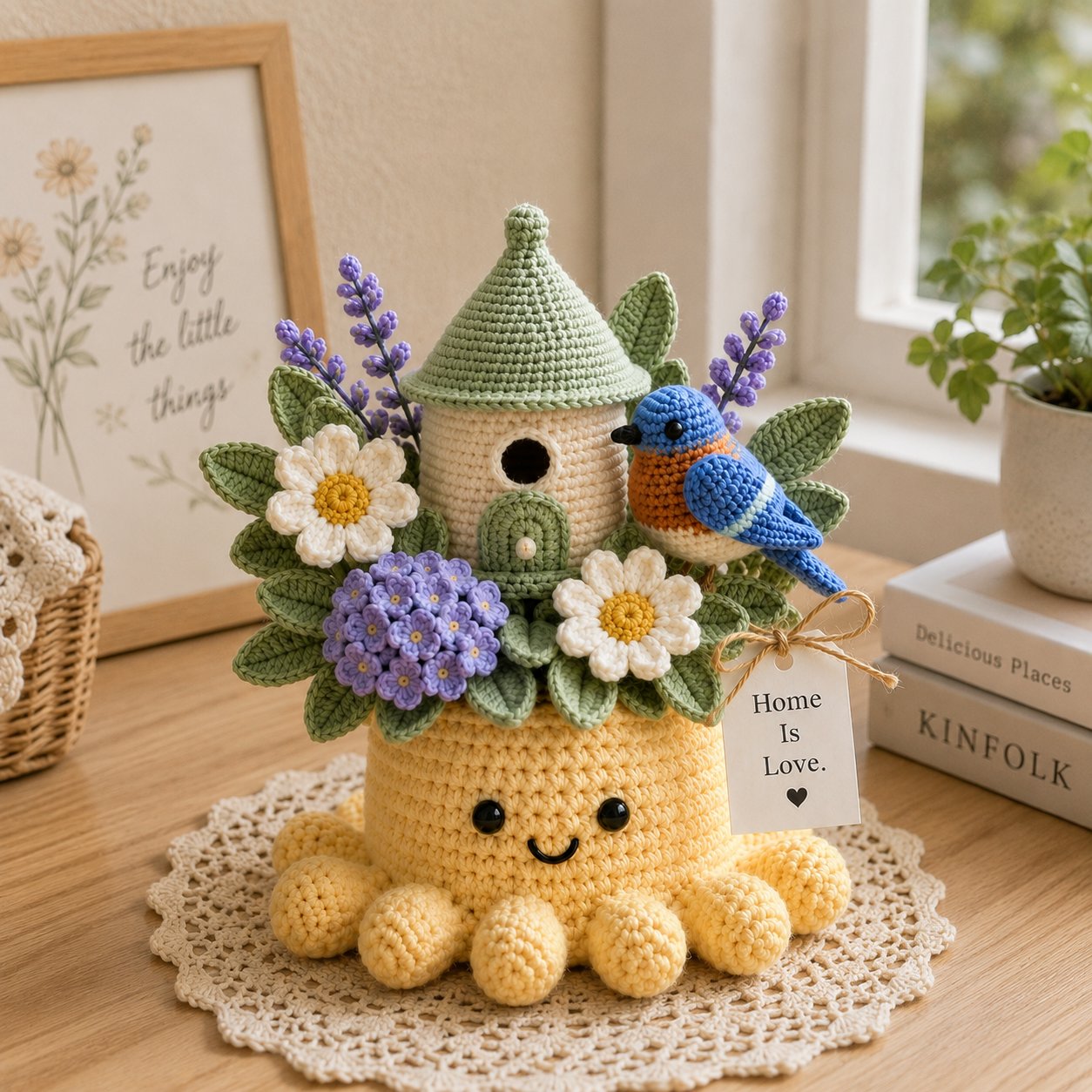Handmade Crochet Birdhouse Decor with Cute Octopus & Bluebird | Everlasting Potted Ornament