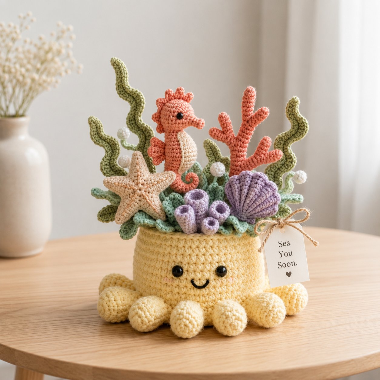 Handmade Crochet Underwater Coral Reef Decor with Cute Octopus & Seahorse | Everlasting Ocean Ornament