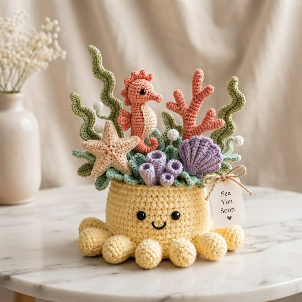Handmade Crochet Underwater Coral Reef Decor with Cute Octopus & Seahorse | Everlasting Ocean Ornament