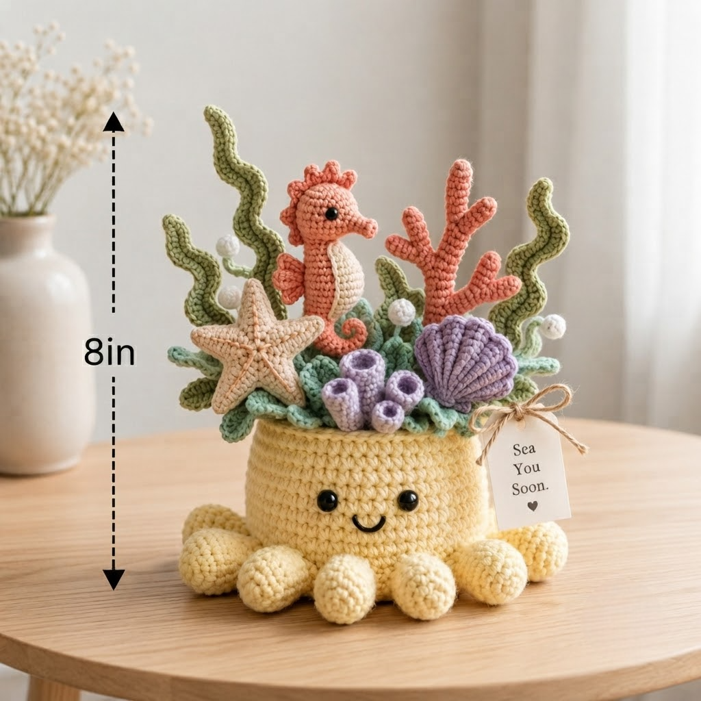 Handmade Crochet Underwater Coral Reef Decor with Cute Octopus & Seahorse | Everlasting Ocean Ornament