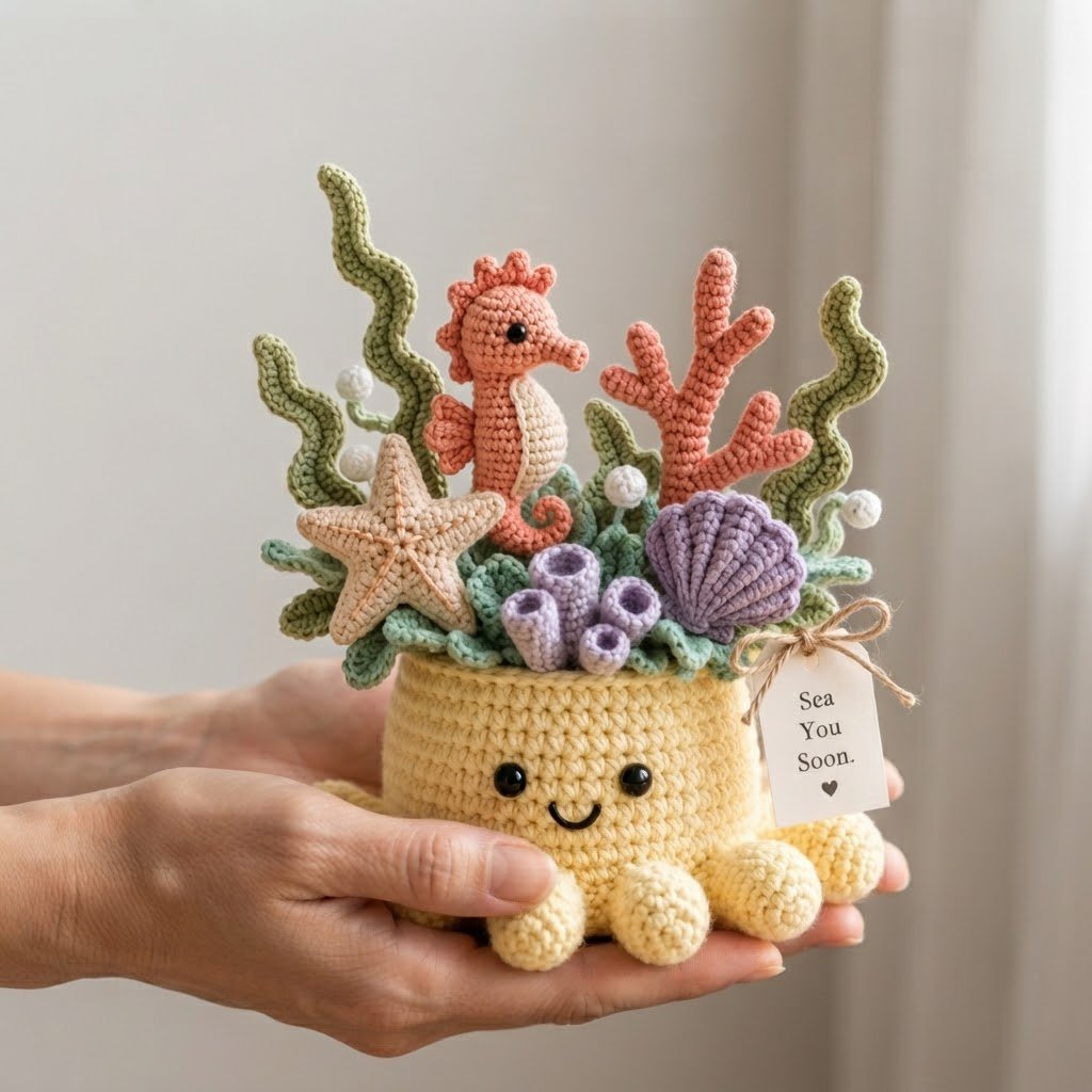 Handmade Crochet Underwater Coral Reef Decor with Cute Octopus & Seahorse | Everlasting Ocean Ornament