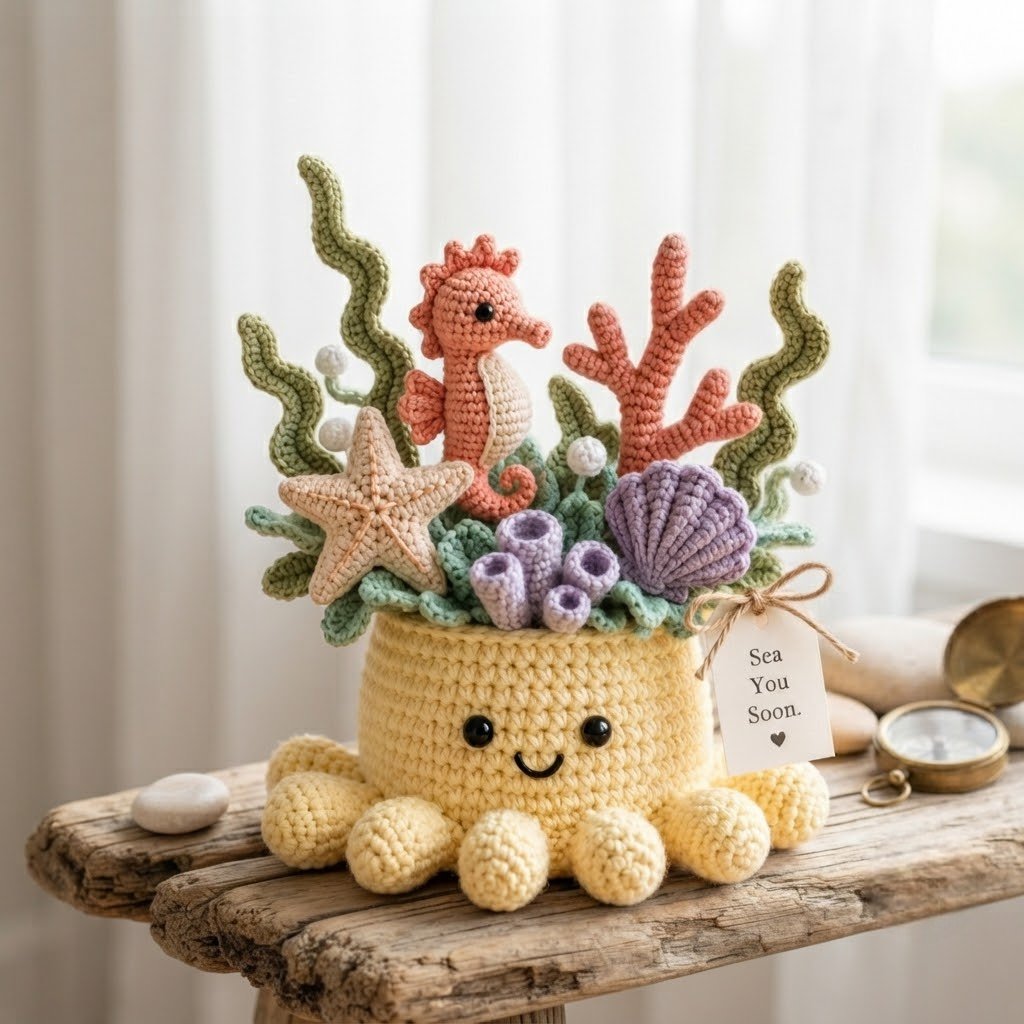Handmade Crochet Underwater Coral Reef Decor with Cute Octopus & Seahorse | Everlasting Ocean Ornament