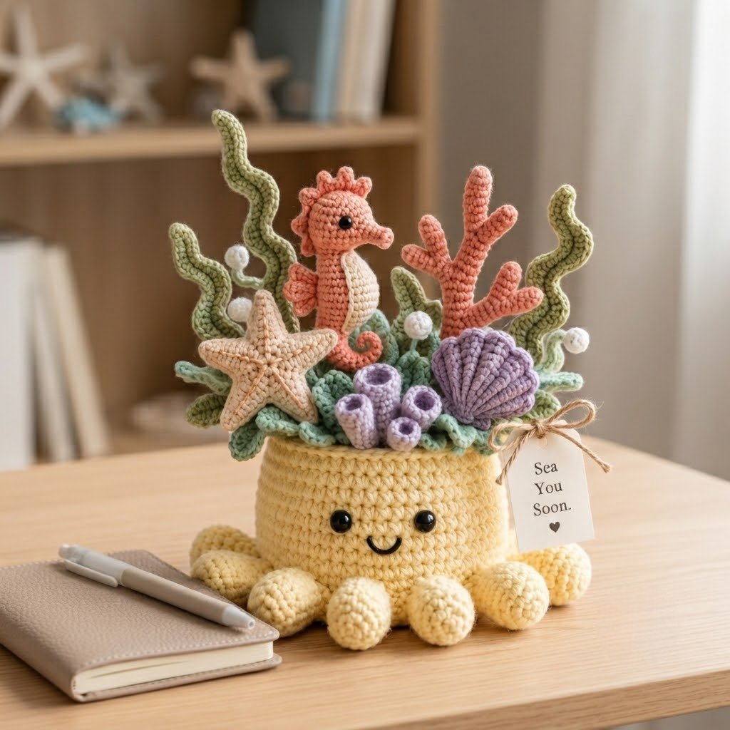 Handmade Crochet Underwater Coral Reef Decor with Cute Octopus & Seahorse | Everlasting Ocean Ornament