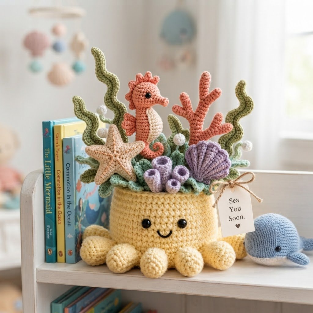 Handmade Crochet Underwater Coral Reef Decor with Cute Octopus & Seahorse | Everlasting Ocean Ornament