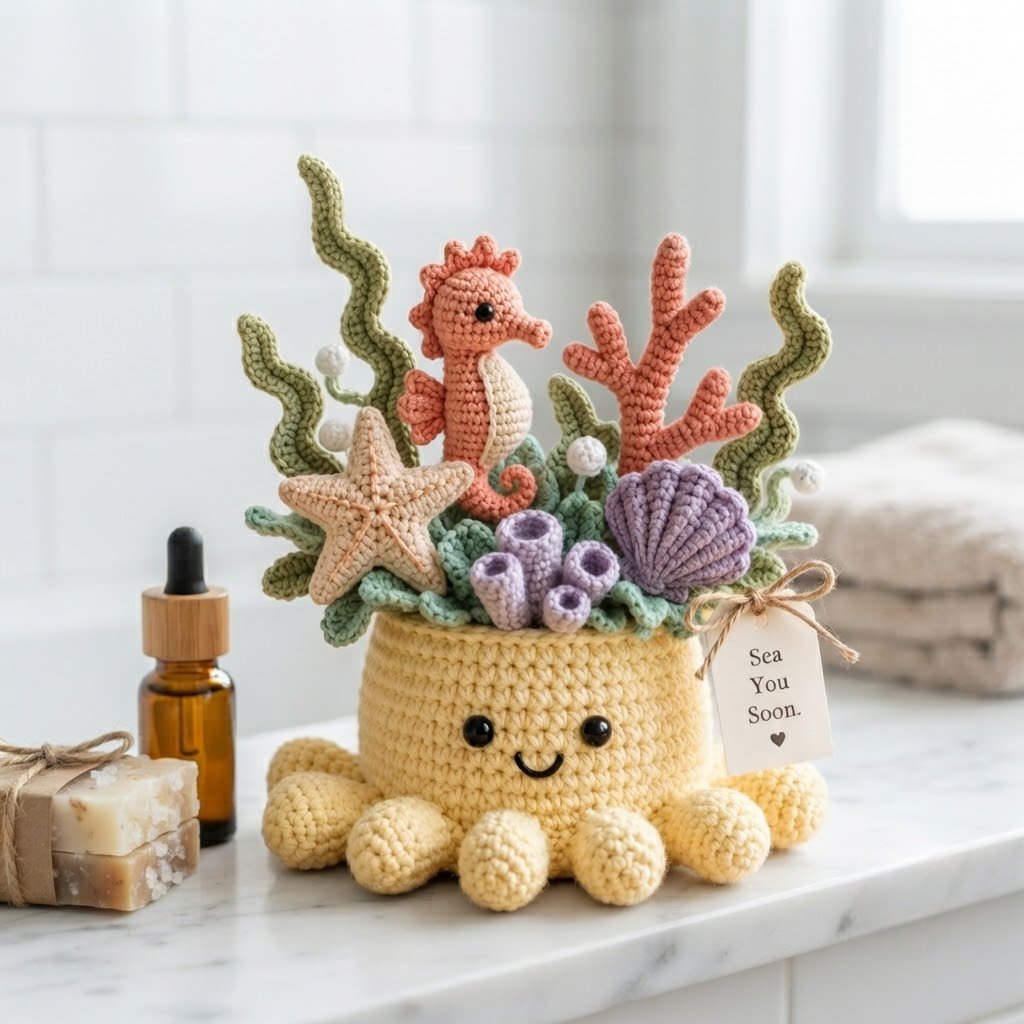 Handmade Crochet Underwater Coral Reef Decor with Cute Octopus & Seahorse | Everlasting Ocean Ornament