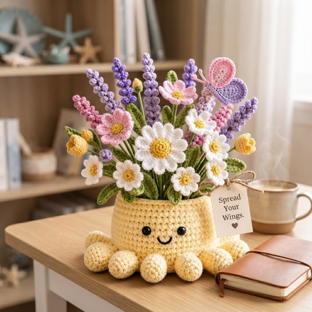 Handmade Crochet Spring Garden Decor with Cute Octopus Base & Butterfly | Everlasting Potted Ornament