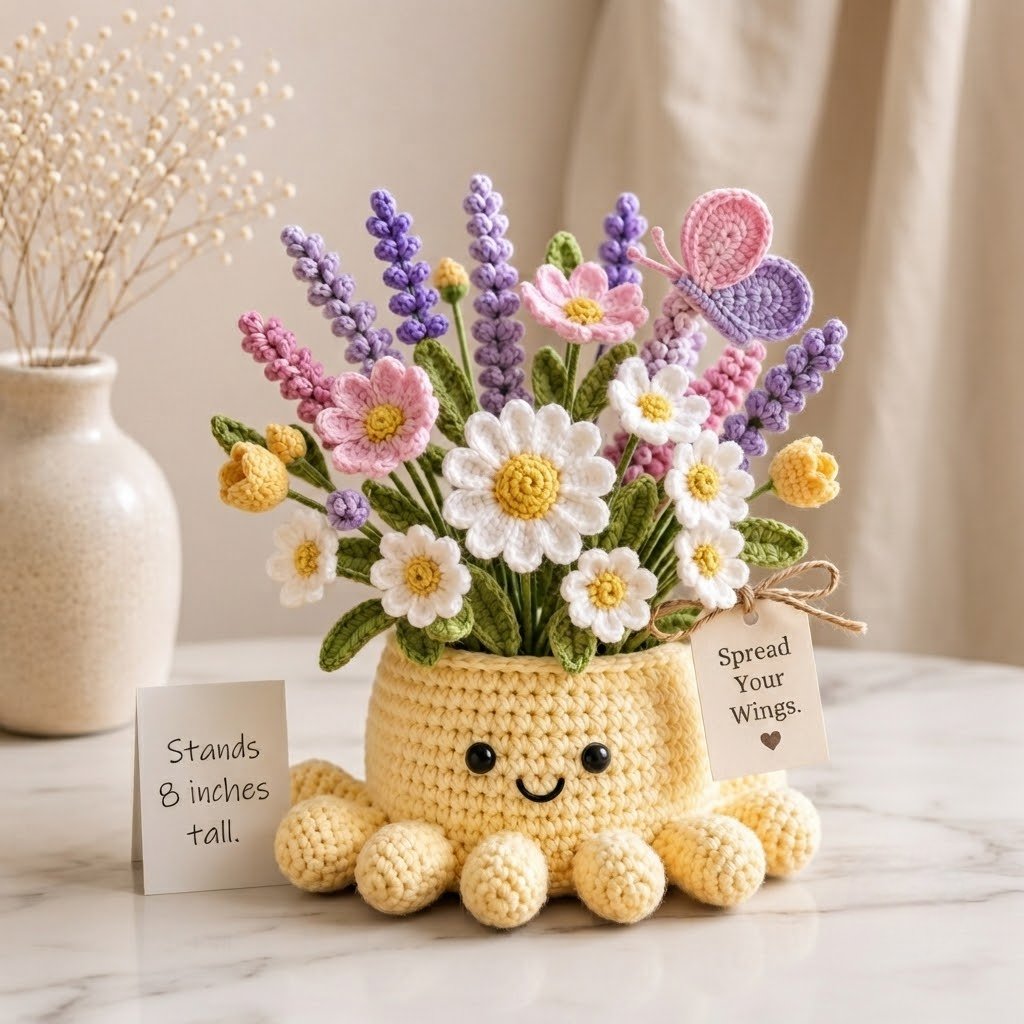 Handmade Crochet Spring Garden Decor with Cute Octopus Base & Butterfly | Everlasting Potted Ornament