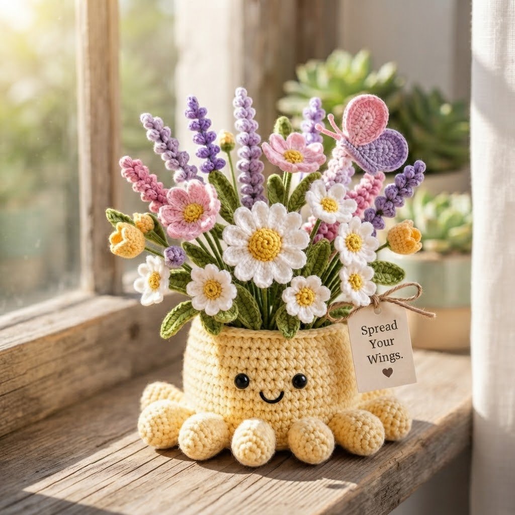 Handmade Crochet Spring Garden Decor with Cute Octopus Base & Butterfly | Everlasting Potted Ornament