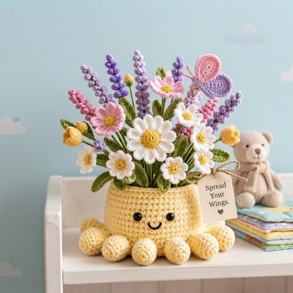 Handmade Crochet Spring Garden Decor with Cute Octopus Base & Butterfly | Everlasting Potted Ornament