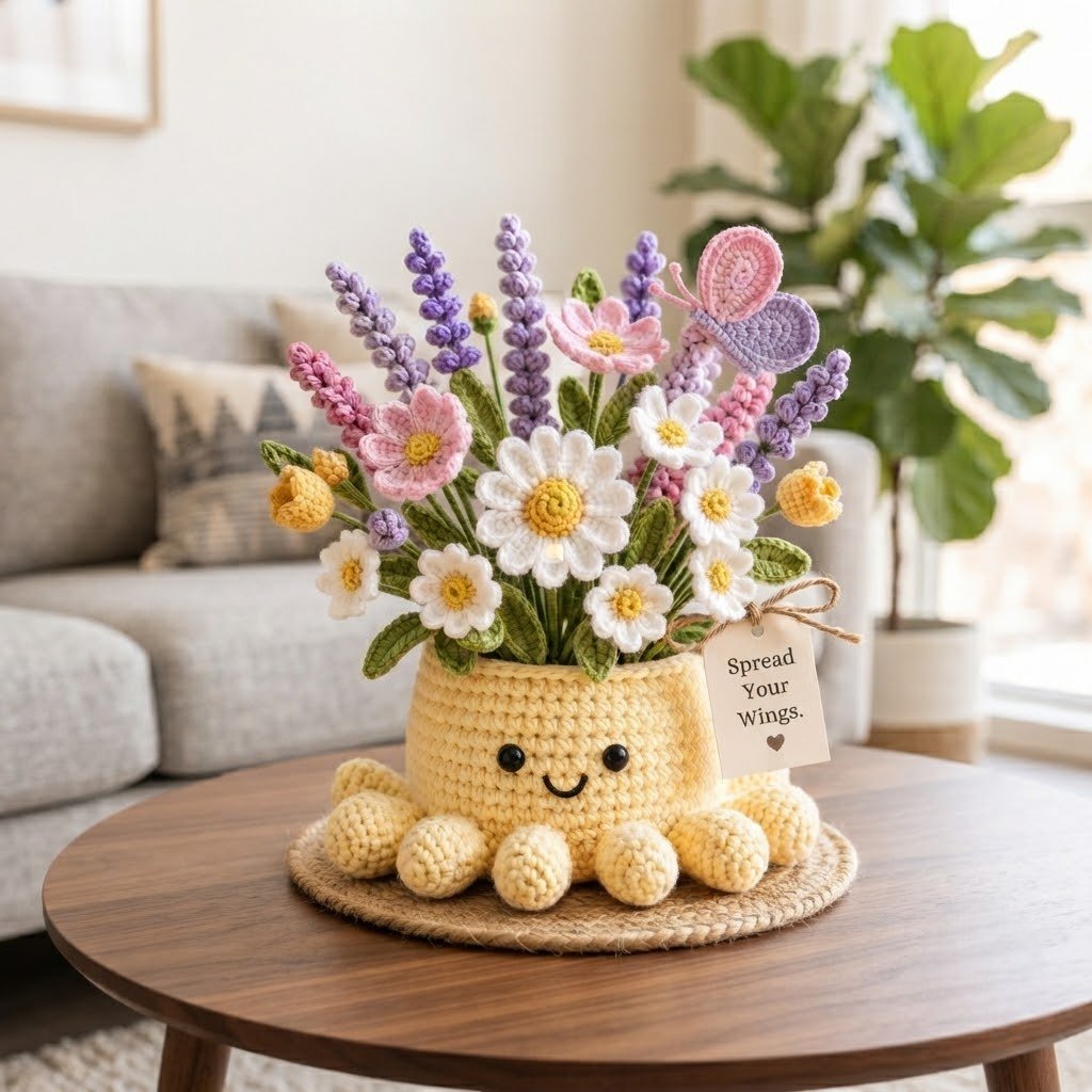 Handmade Crochet Spring Garden Decor with Cute Octopus Base & Butterfly | Everlasting Potted Ornament