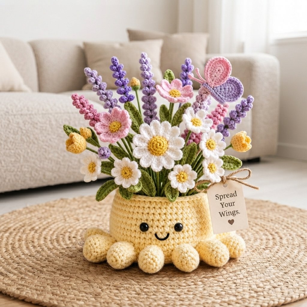 Handmade Crochet Spring Garden Decor with Cute Octopus Base & Butterfly | Everlasting Potted Ornament