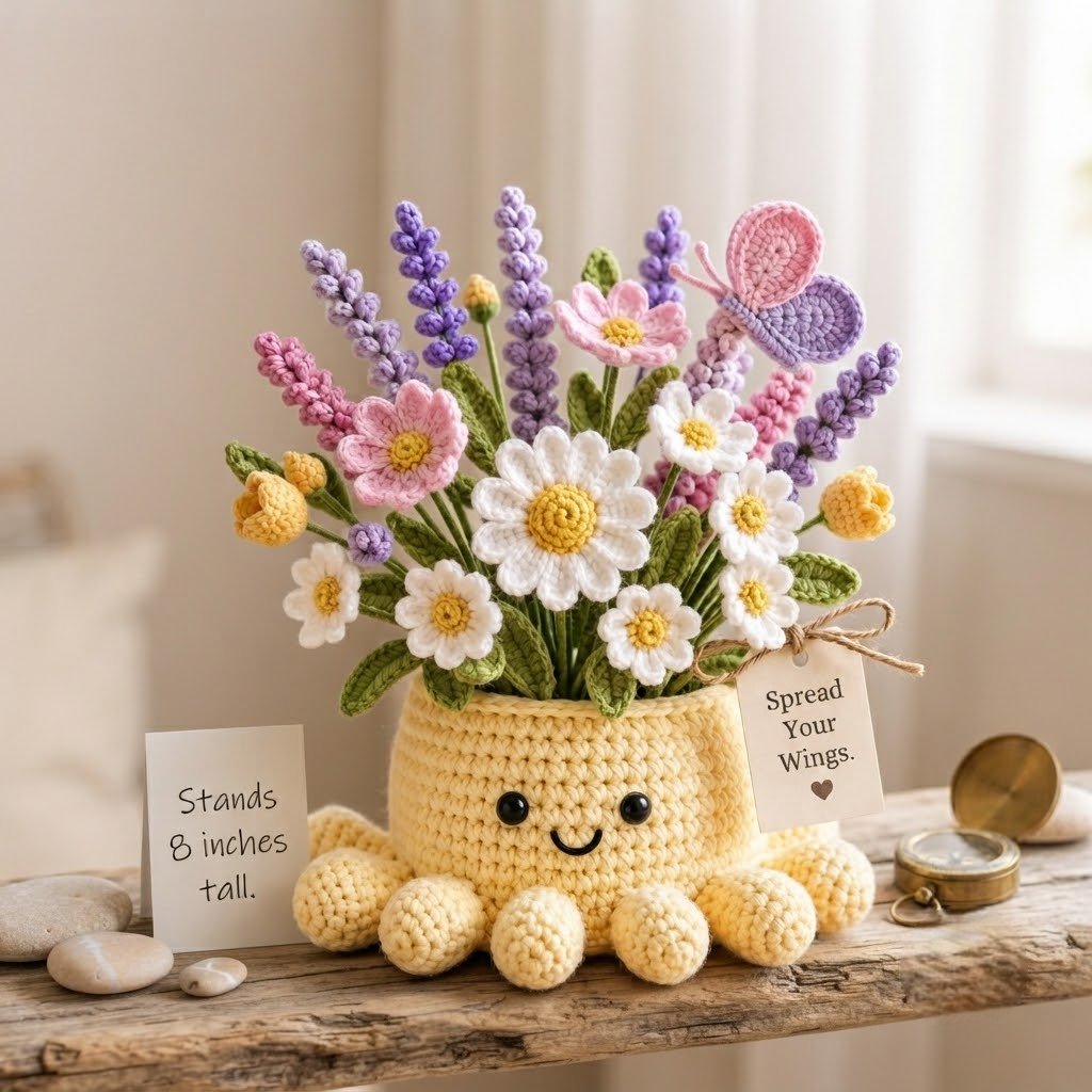 Handmade Crochet Spring Garden Decor with Cute Octopus Base & Butterfly | Everlasting Potted Ornament
