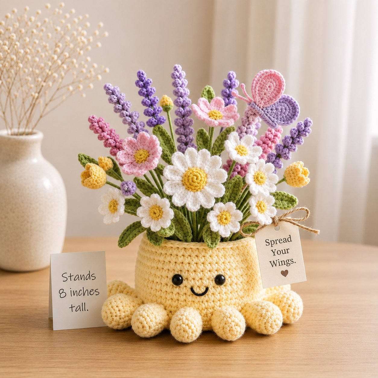 Handmade Crochet Spring Garden Decor with Cute Octopus Base & Butterfly | Everlasting Potted Ornament