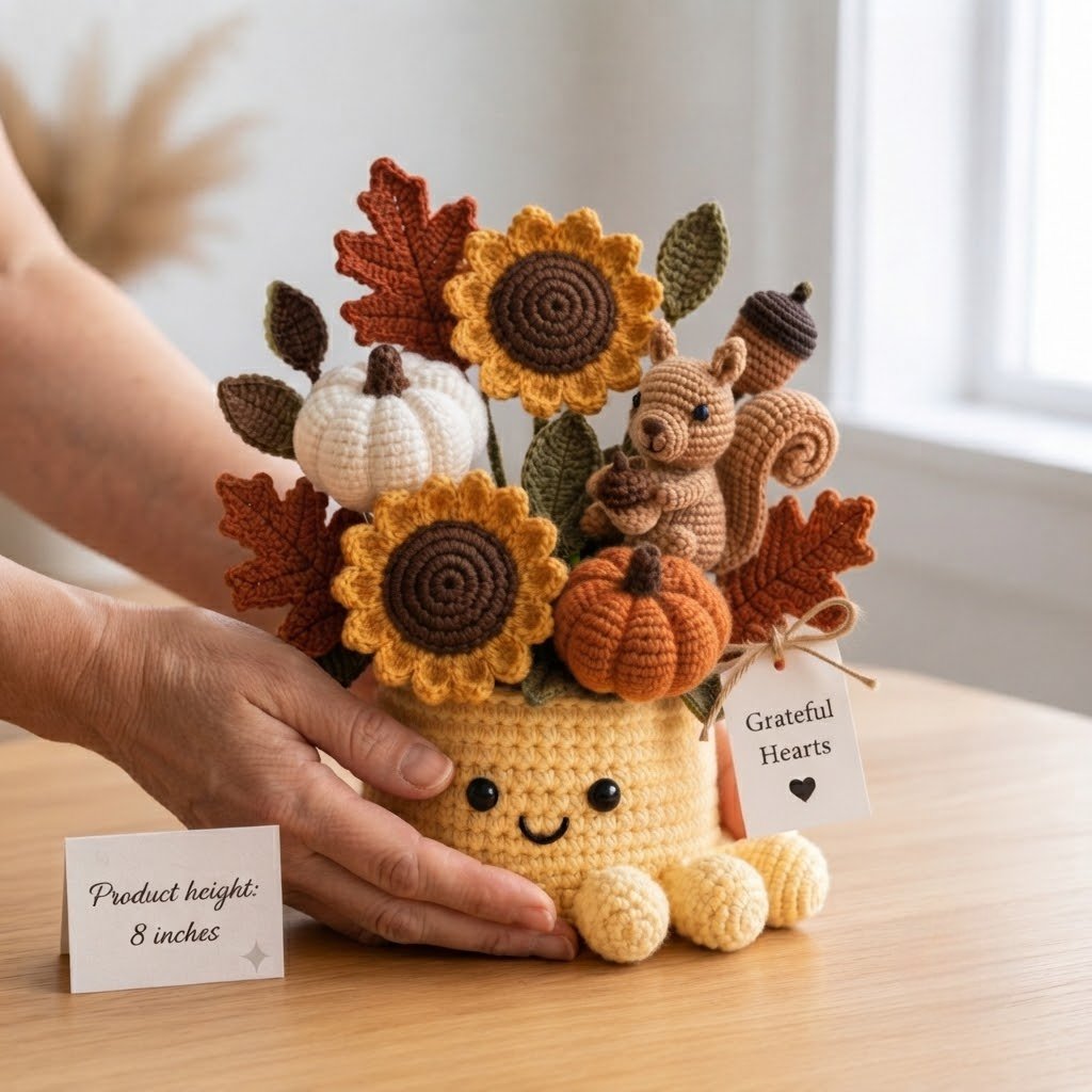 Handmade Crochet Autumn Harvest Decor with Cute Octopus & Squirrel | Everlasting Fall Ornament
