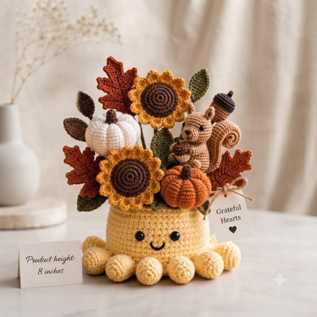 Handmade Crochet Autumn Harvest Decor with Cute Octopus & Squirrel | Everlasting Fall Ornament