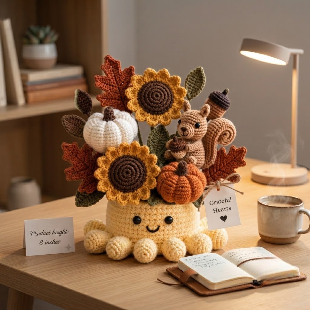 Handmade Crochet Autumn Harvest Decor with Cute Octopus & Squirrel | Everlasting Fall Ornament