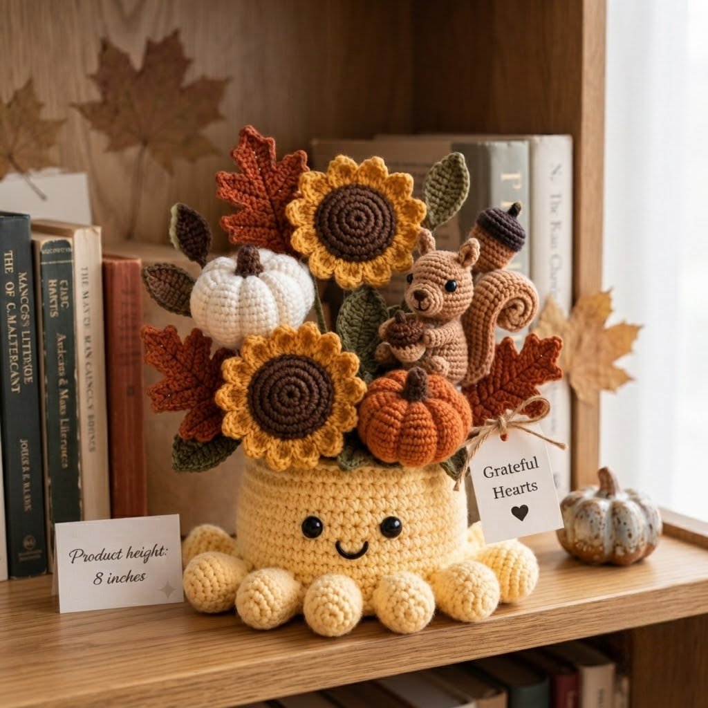 Handmade Crochet Autumn Harvest Decor with Cute Octopus & Squirrel | Everlasting Fall Ornament