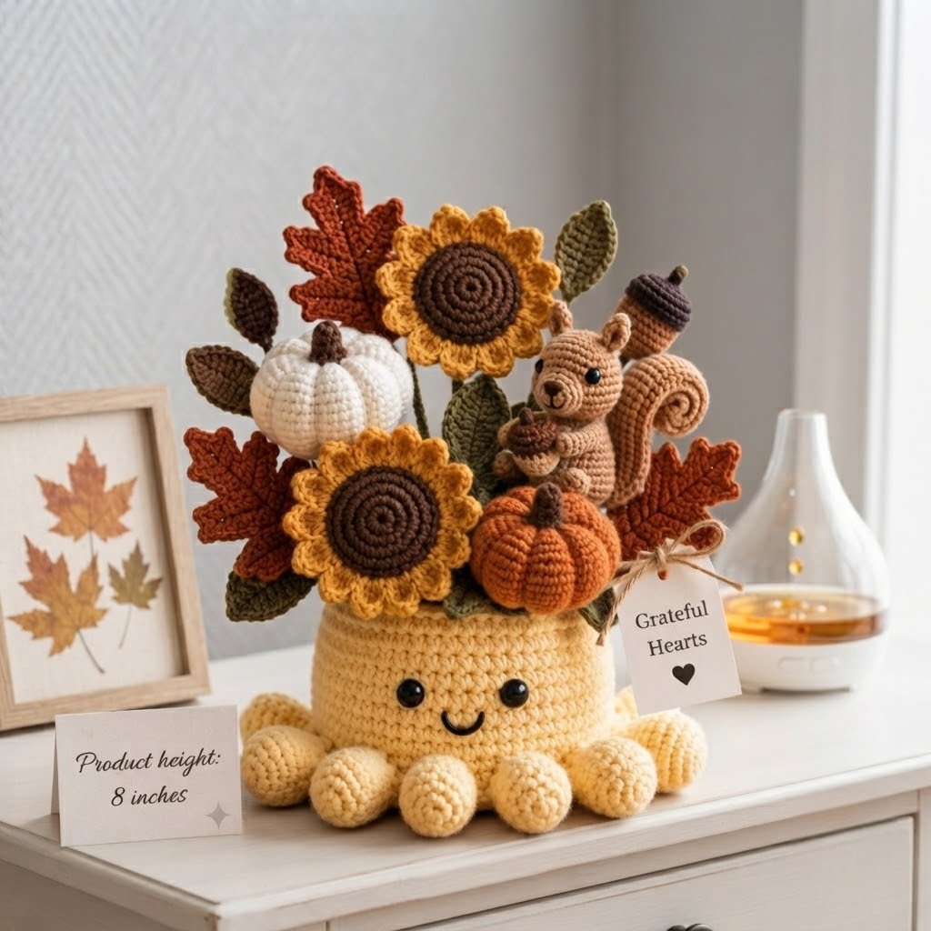 Handmade Crochet Autumn Harvest Decor with Cute Octopus & Squirrel | Everlasting Fall Ornament