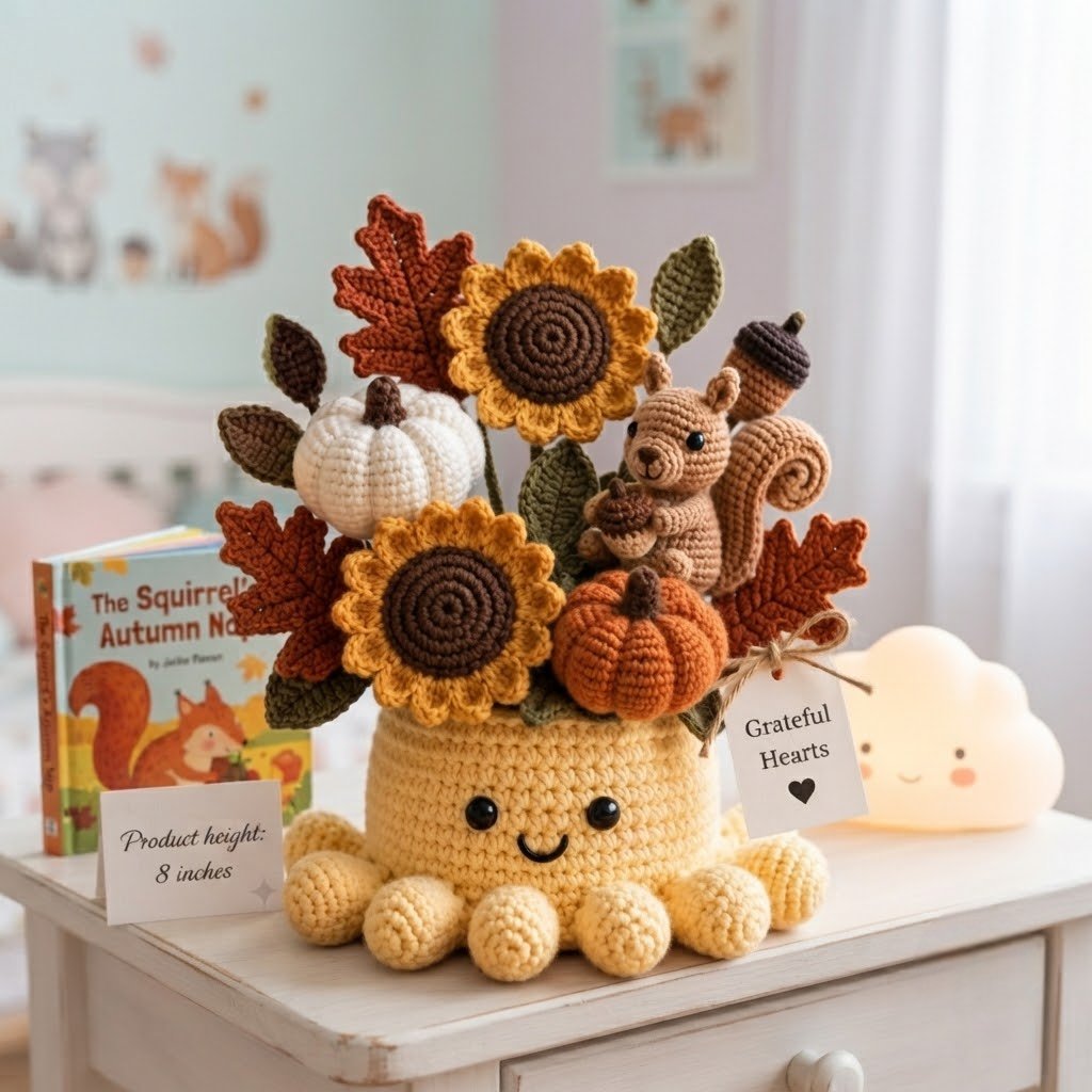 Handmade Crochet Autumn Harvest Decor with Cute Octopus & Squirrel | Everlasting Fall Ornament
