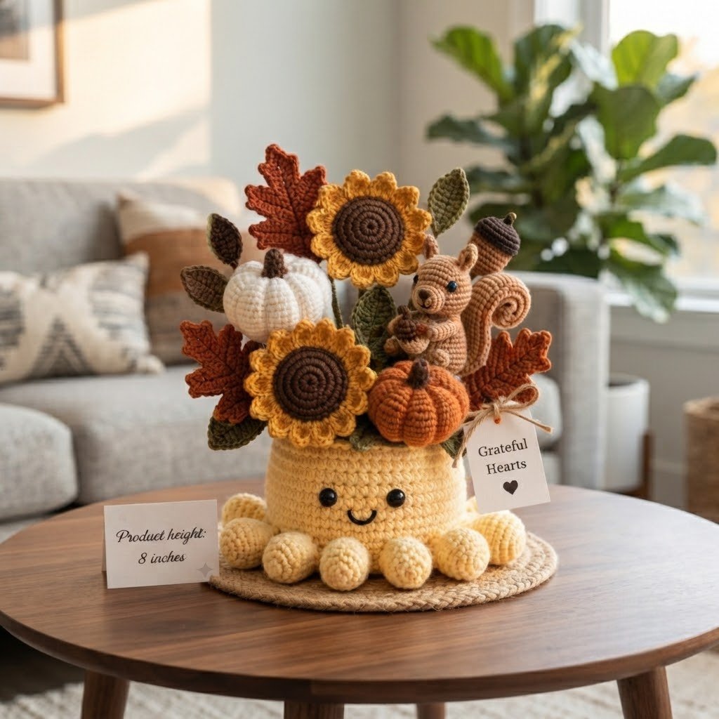 Handmade Crochet Autumn Harvest Decor with Cute Octopus & Squirrel | Everlasting Fall Ornament