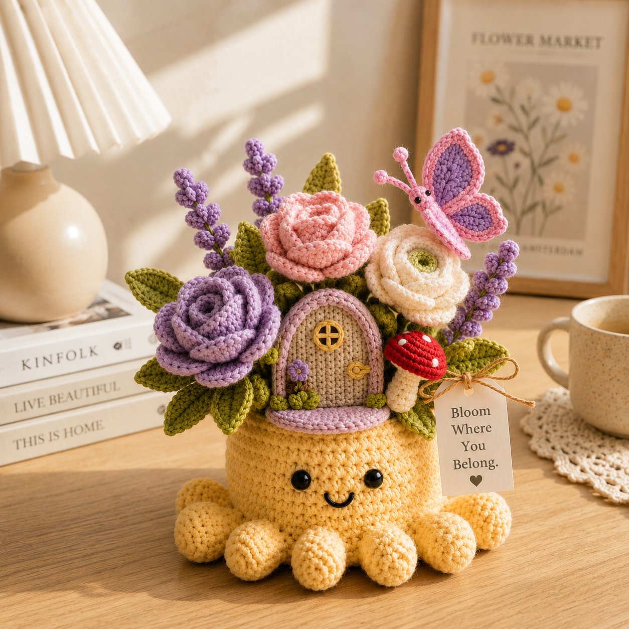 Handmade Crochet Fairy Garden Decor with Cute Octopus & Butterfly | Everlasting Potted Ornament