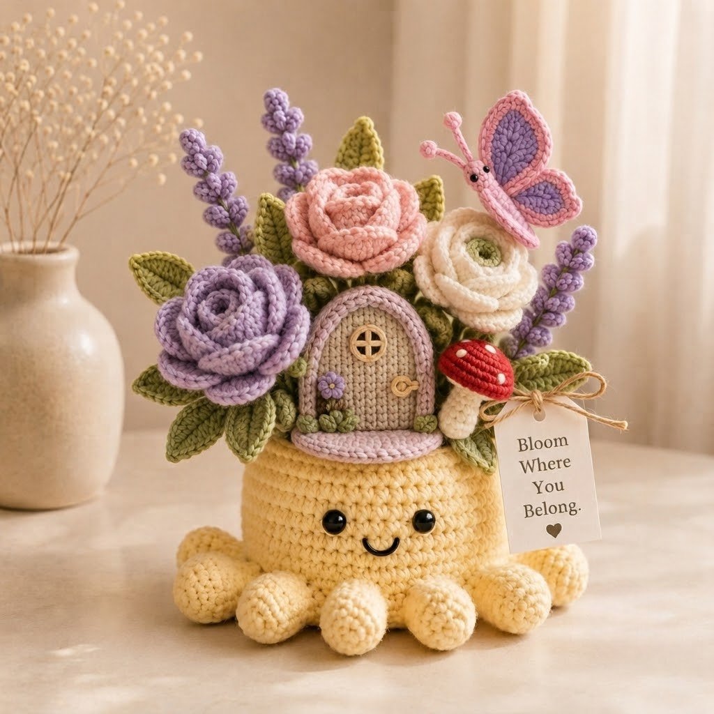 Handmade Crochet Fairy Garden Decor with Cute Octopus & Butterfly | Everlasting Potted Ornament