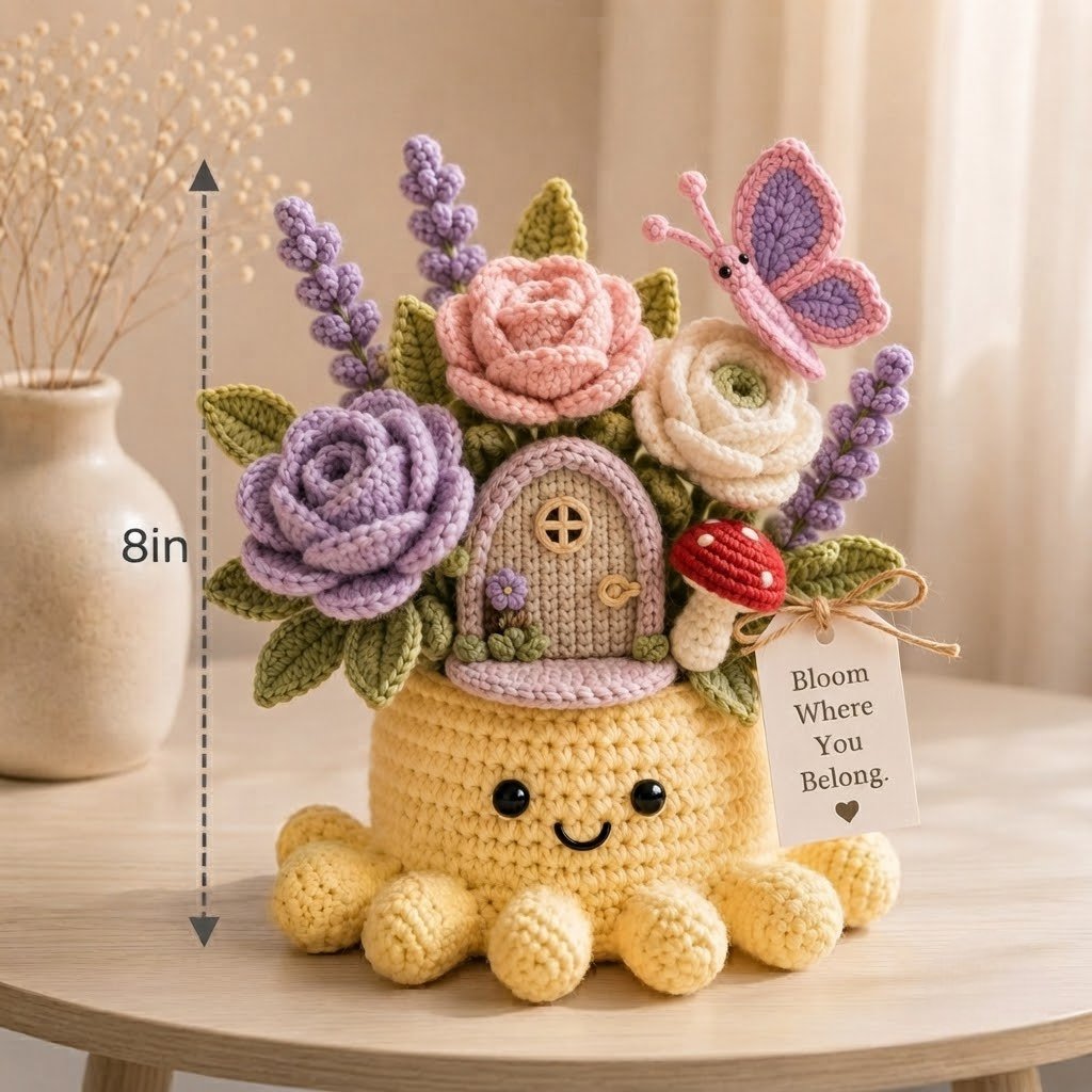 Handmade Crochet Fairy Garden Decor with Cute Octopus & Butterfly | Everlasting Potted Ornament