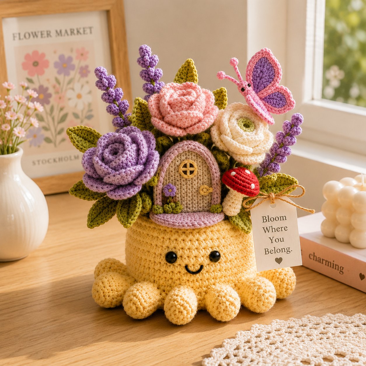 Handmade Crochet Fairy Garden Decor with Cute Octopus & Butterfly | Everlasting Potted Ornament