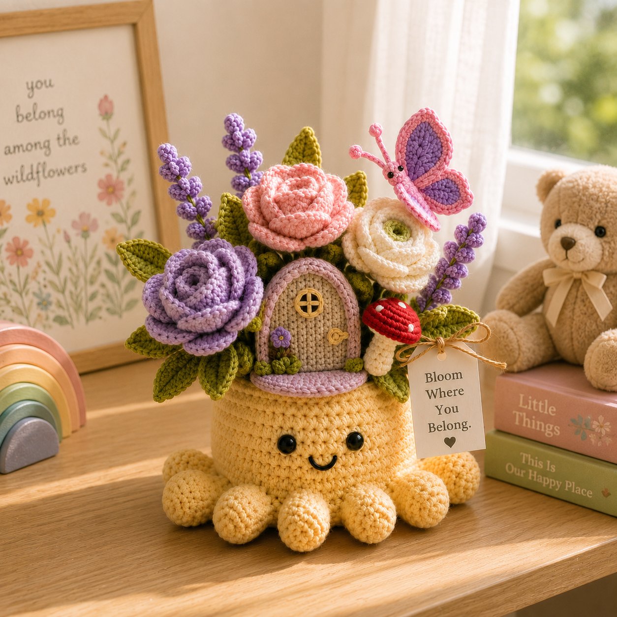 Handmade Crochet Fairy Garden Decor with Cute Octopus & Butterfly | Everlasting Potted Ornament