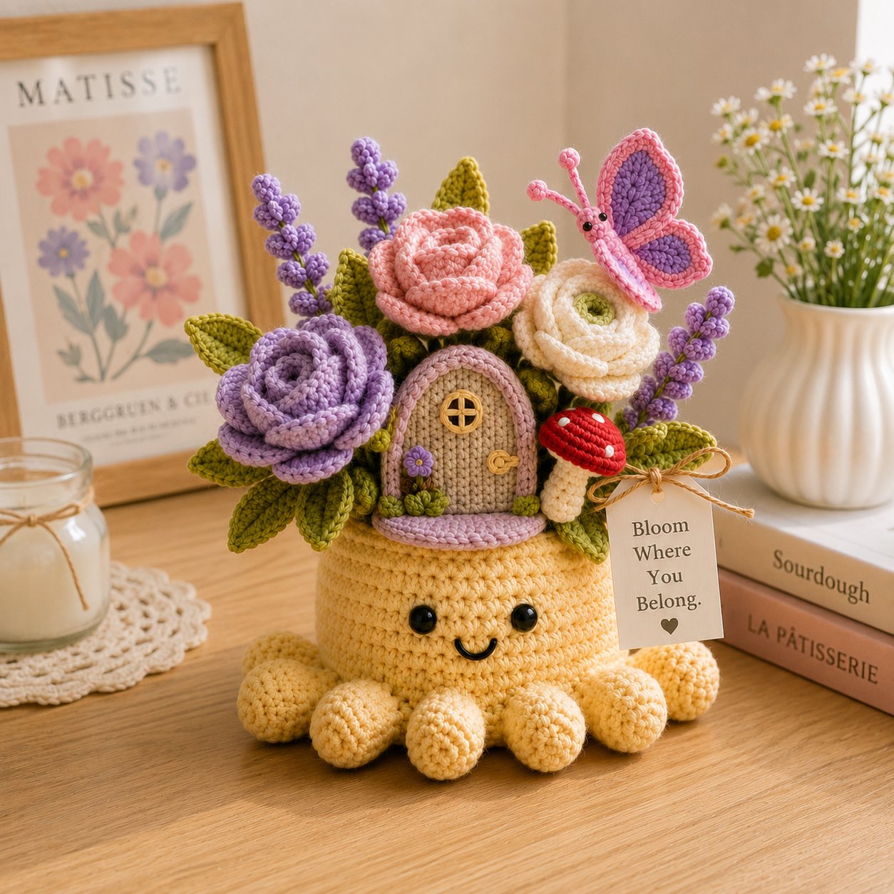 Handmade Crochet Fairy Garden Decor with Cute Octopus & Butterfly | Everlasting Potted Ornament