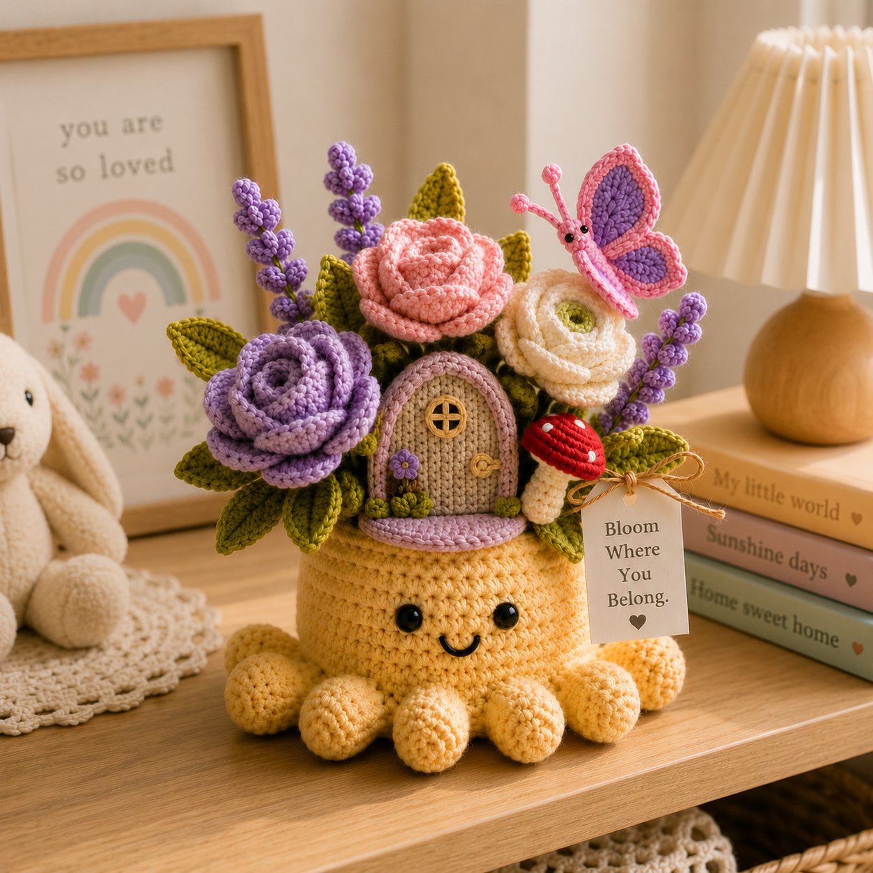 Handmade Crochet Fairy Garden Decor with Cute Octopus & Butterfly | Everlasting Potted Ornament