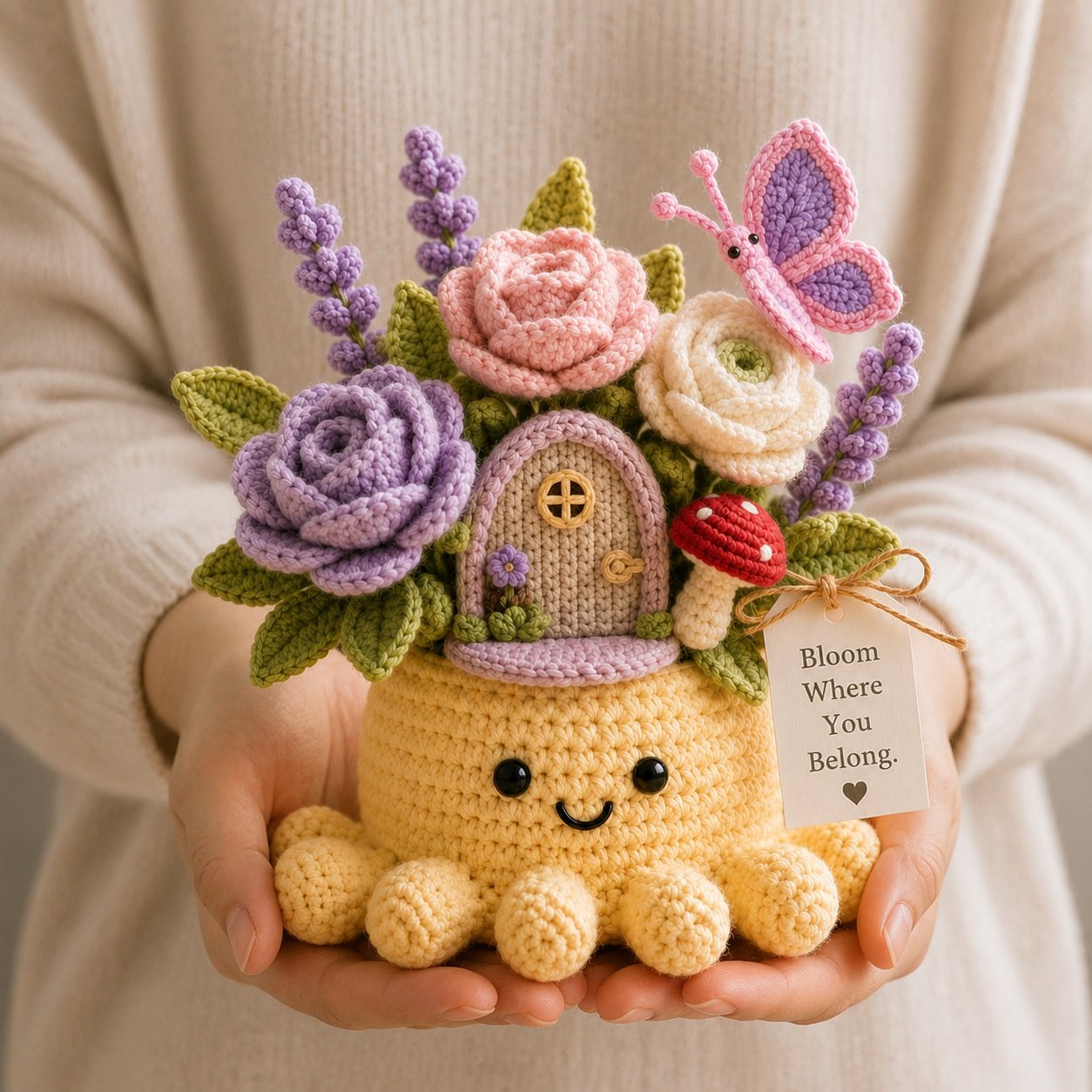 Handmade Crochet Fairy Garden Decor with Cute Octopus & Butterfly | Everlasting Potted Ornament