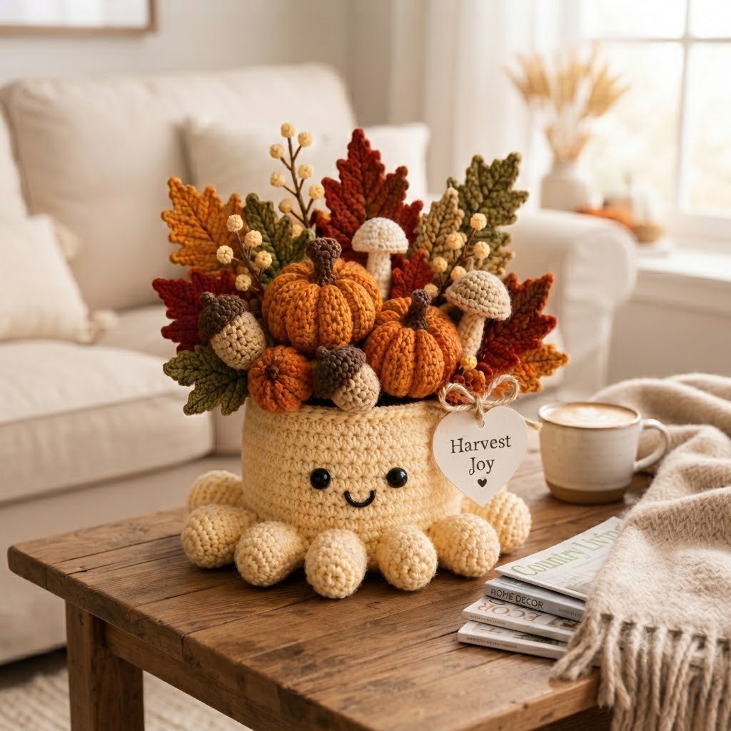Handmade Crochet Fall Octopus with Autumn Pumpkins & Leaves Decor | Unique Gift