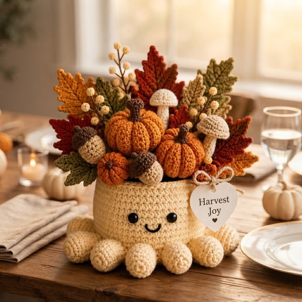 Handmade Crochet Fall Octopus with Autumn Pumpkins & Leaves Decor | Unique Gift
