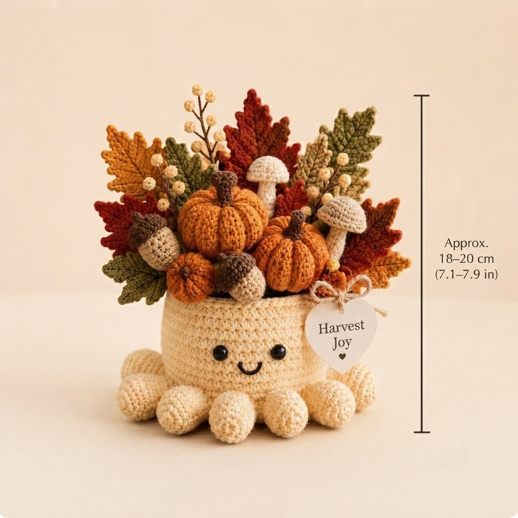 Handmade Crochet Fall Octopus with Autumn Pumpkins & Leaves Decor | Unique Gift