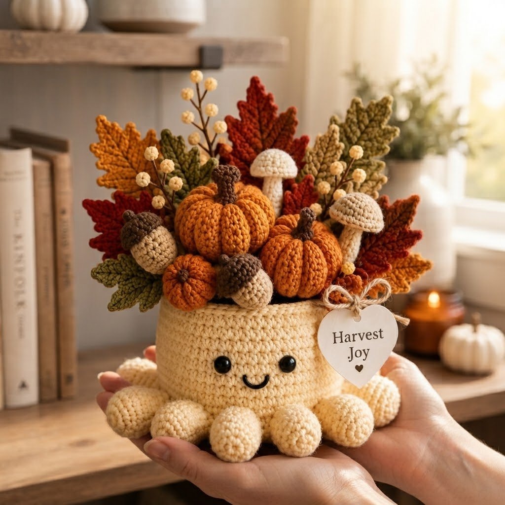 Handmade Crochet Fall Octopus with Autumn Pumpkins & Leaves Decor | Unique Gift