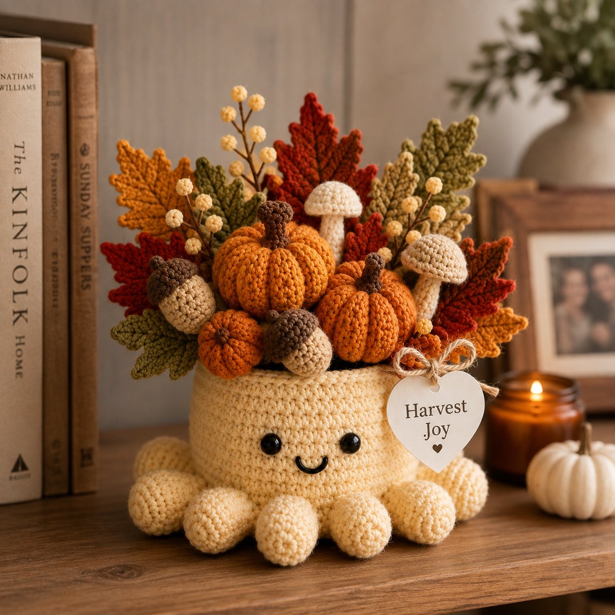 Handmade Crochet Fall Octopus with Autumn Pumpkins & Leaves Decor | Unique Gift