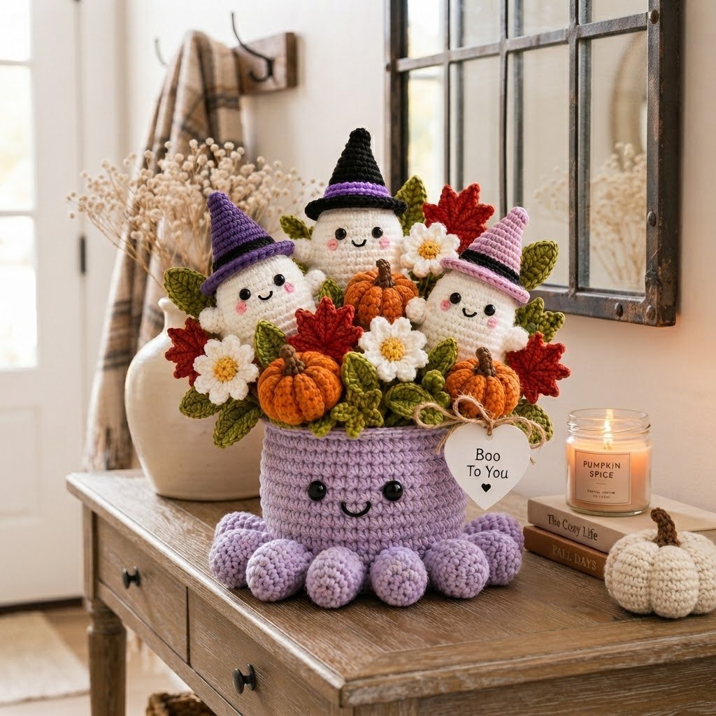 Handmade Crochet Halloween Ghost Octopus with Pumpkins Decor | Spooky Cute Gift