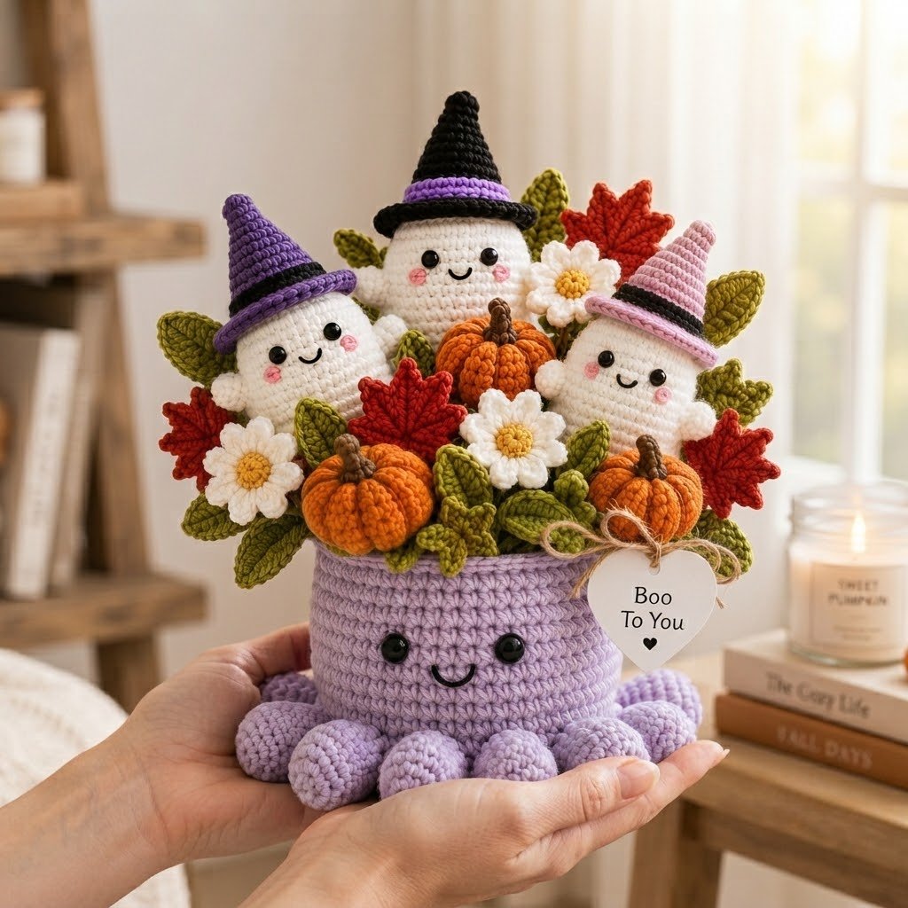 Handmade Crochet Halloween Ghost Octopus with Pumpkins Decor | Spooky Cute Gift