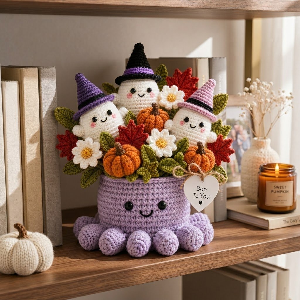 Handmade Crochet Halloween Ghost Octopus with Pumpkins Decor | Spooky Cute Gift