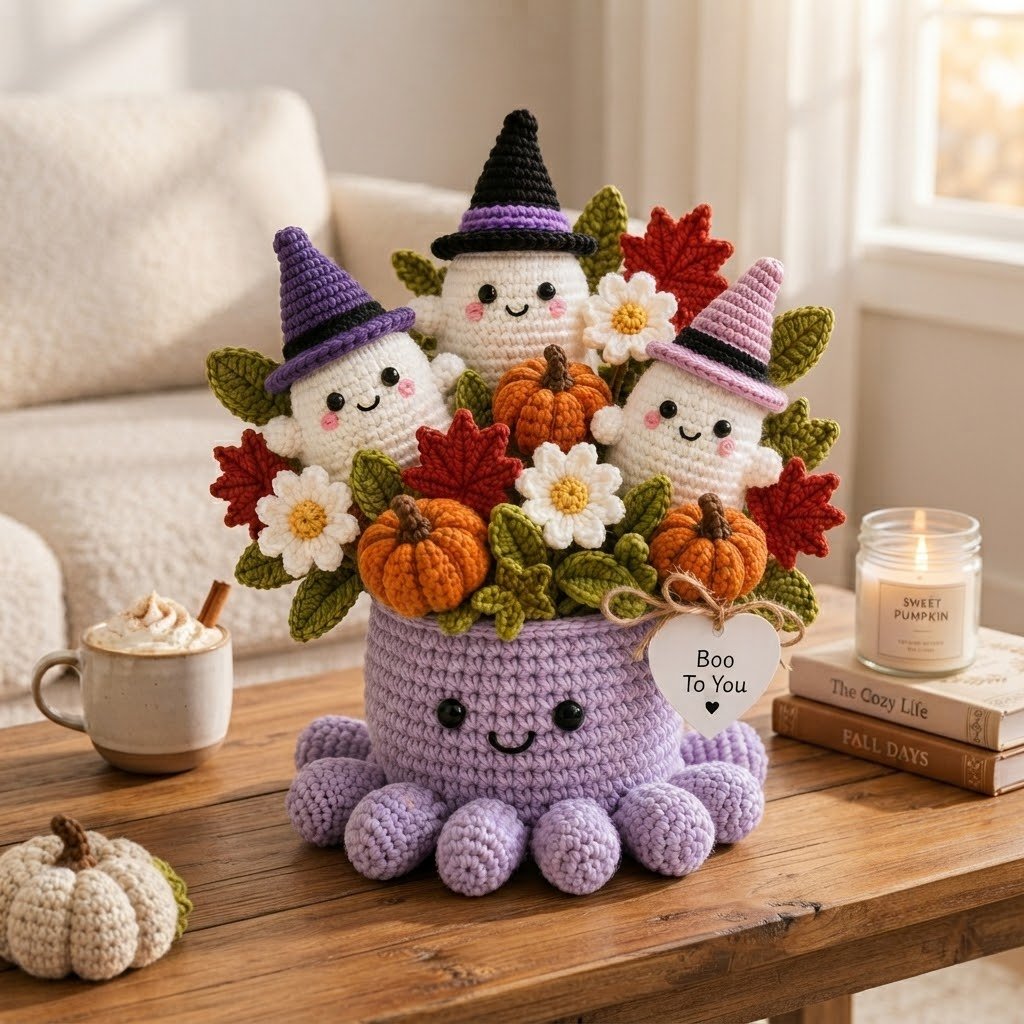 Handmade Crochet Halloween Ghost Octopus with Pumpkins Decor | Spooky Cute Gift