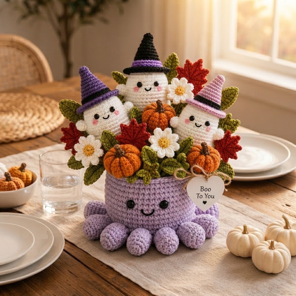 Handmade Crochet Halloween Ghost Octopus with Pumpkins Decor | Spooky Cute Gift