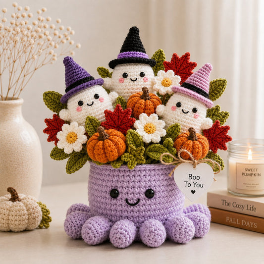 Handmade Crochet Halloween Ghost Octopus with Pumpkins Decor | Spooky Cute Gift
