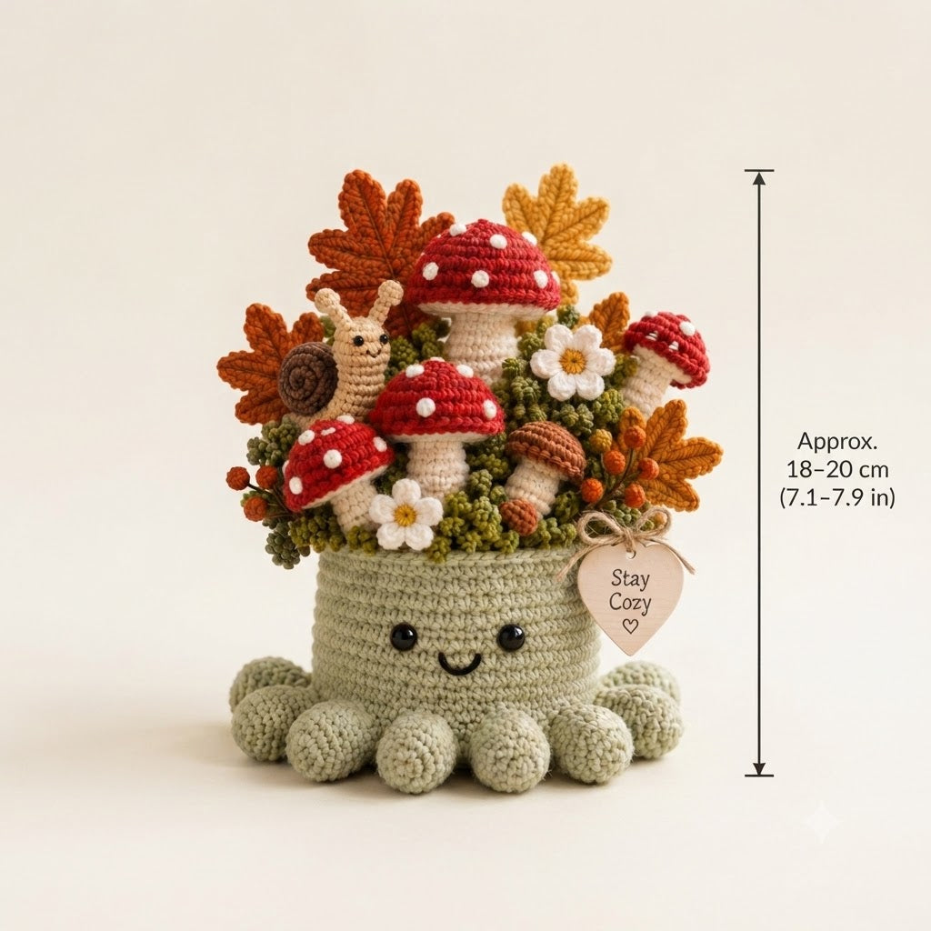 Handmade Crochet Mushroom Octopus with Snail & Autumn Leaves Decor | Cozy Gift