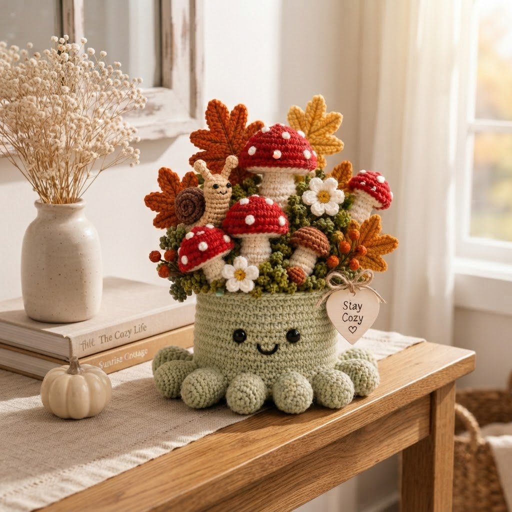 Handmade Crochet Mushroom Octopus with Snail & Autumn Leaves Decor | Cozy Gift
