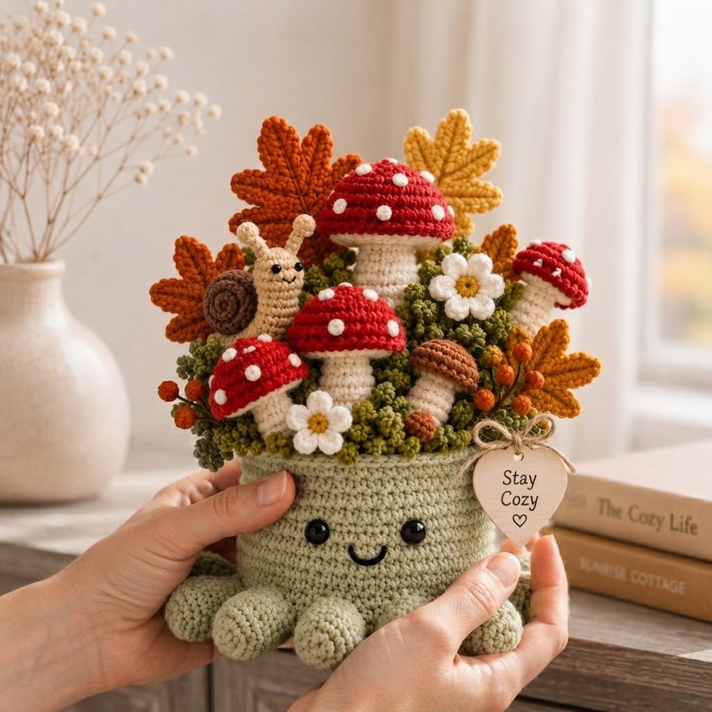 Handmade Crochet Mushroom Octopus with Snail & Autumn Leaves Decor | Cozy Gift