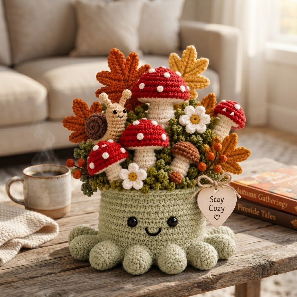 Handmade Crochet Mushroom Octopus with Snail & Autumn Leaves Decor | Cozy Gift
