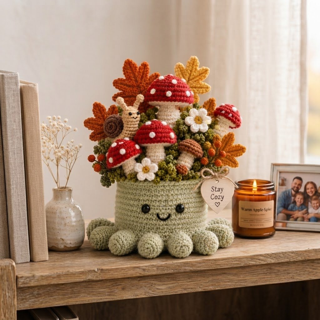 Handmade Crochet Mushroom Octopus with Snail & Autumn Leaves Decor | Cozy Gift