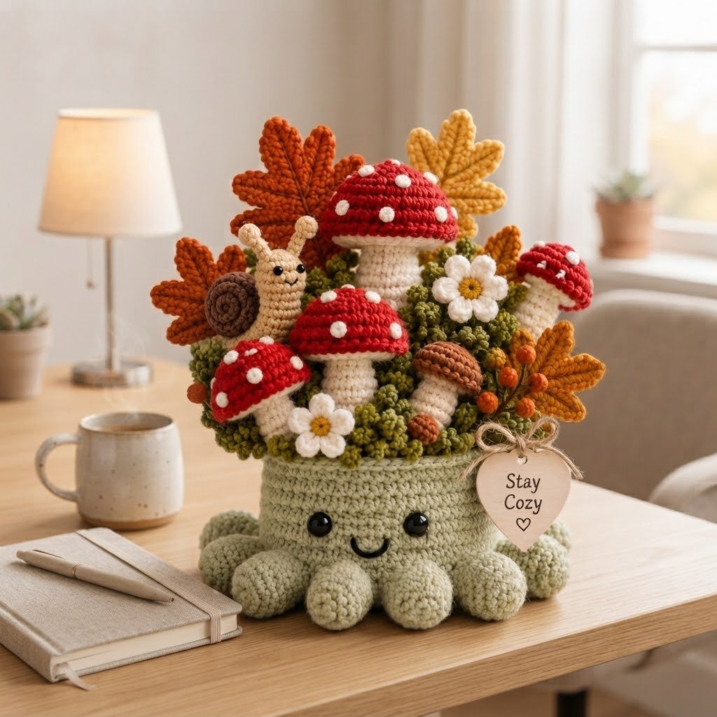 Handmade Crochet Mushroom Octopus with Snail & Autumn Leaves Decor | Cozy Gift